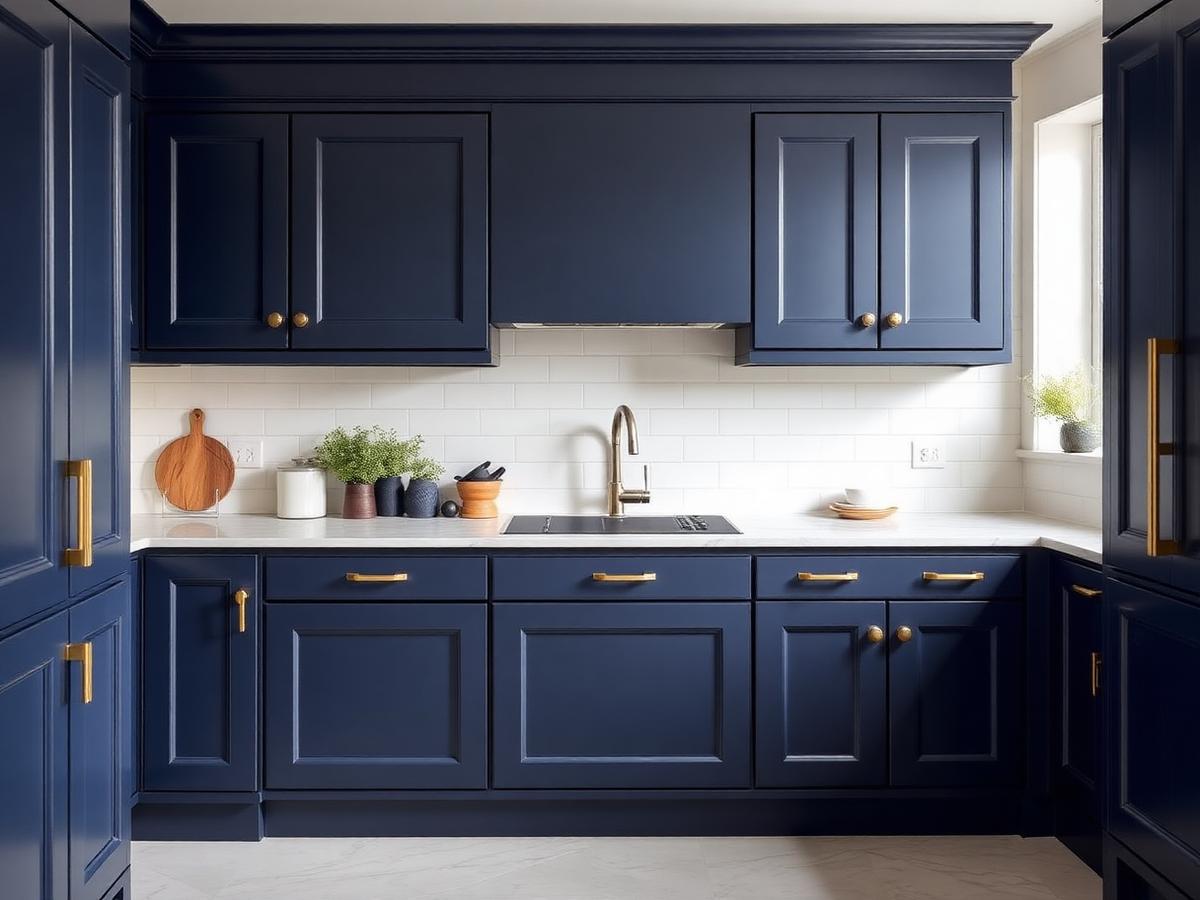 Navy kitchen units freshly spray-painted with brass hardware
