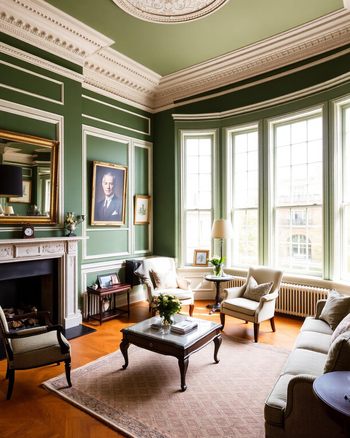 Freshly painted Victorian Dublin living room in heritage green with white cornicing